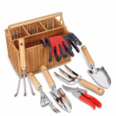 8 Pieces Garden Hand Tool Set Wood Handle Pvc/water Plant /rattan Basket Stainless Steel Gardening Tools And Equipment